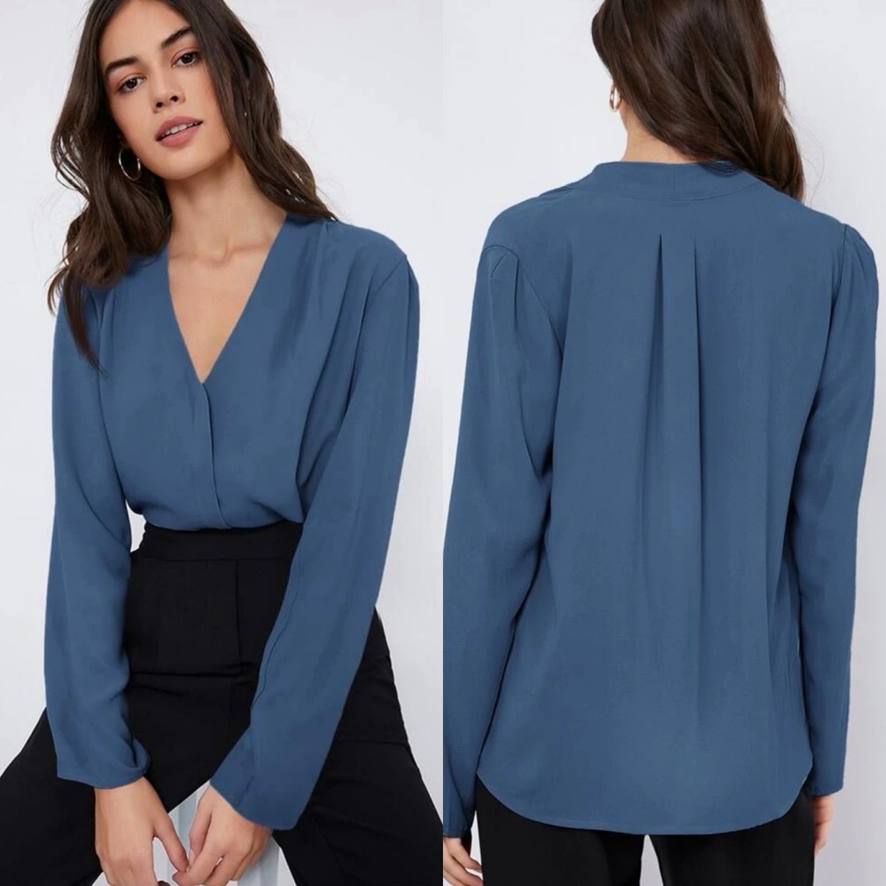 Long sleeve v neck pleated faux wrap look business casual blouse dark green - Picture 2 of 8